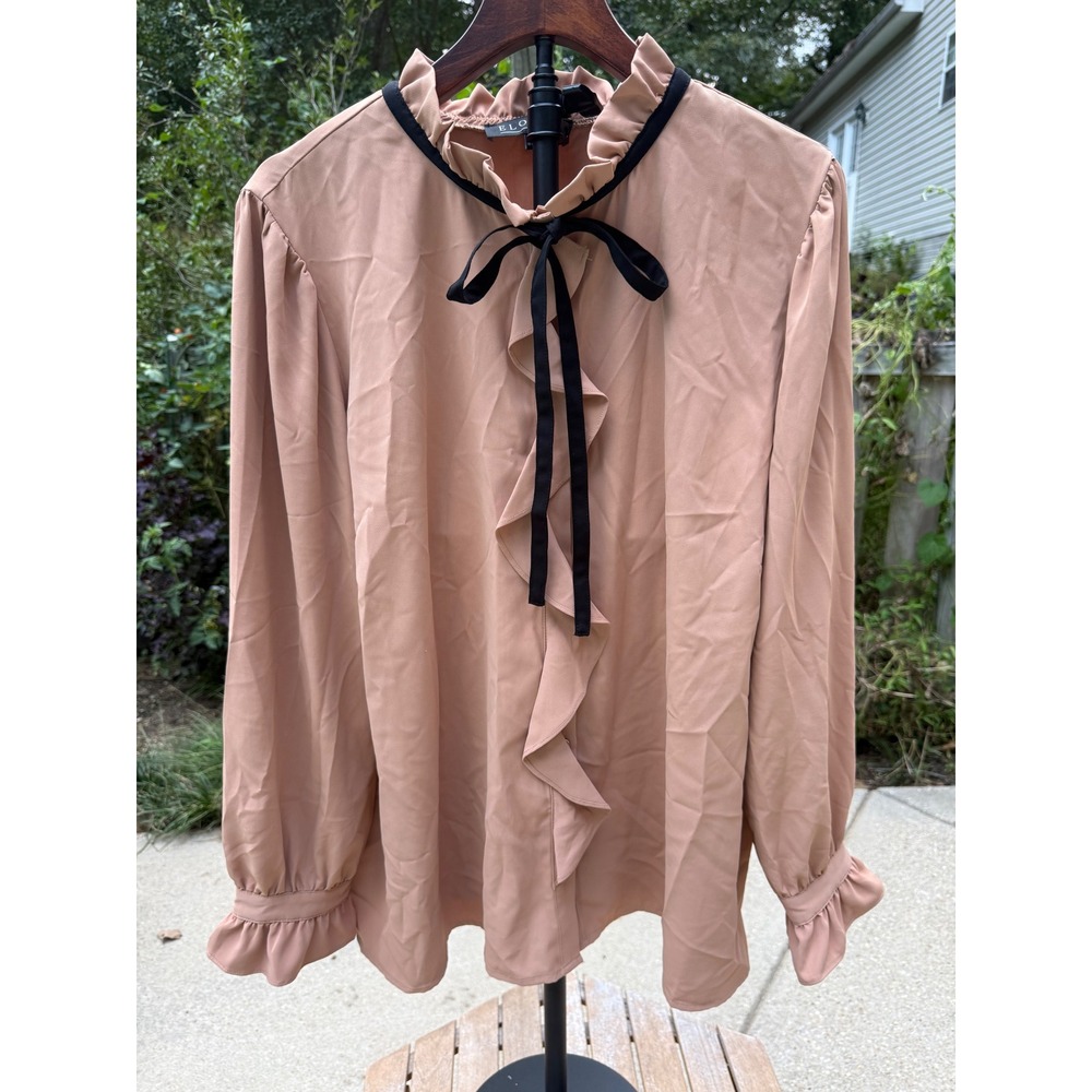 ELOQUII Size 22 Ruffle Collar Bow Tie Blouse Tan Long Sleeve Romantic Workwear
